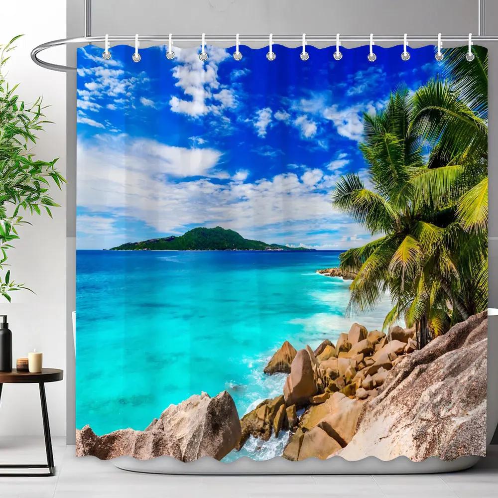 Sceneria Morska Zasłona Prysznicowa Niebieski Ocean Plaża Tropikalne Lasy Outdoor Natura Krajobraz Poliestrowe Zasłony Prysznicowe Wystrój Łazienki