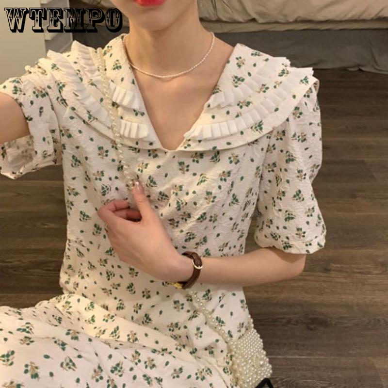 

Французские платья с цветочным принтом, женское летнее платье, тонкое милое кукольное платье с темно-синим воротником