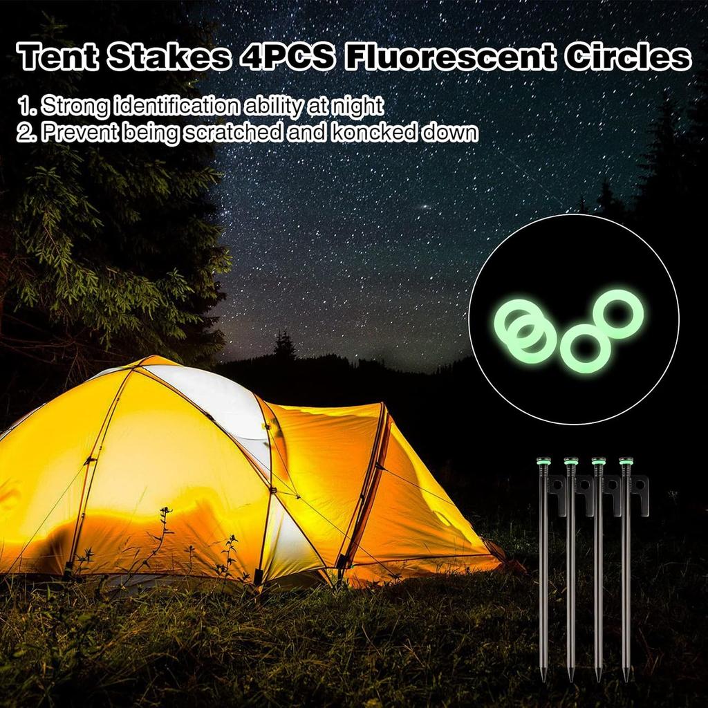 Tent Stakes Heavy Duty Metal Tent Pegs Steel Tent Stakes Fluorescent Silicone Rings Special Bag for Camping Used On Rocks