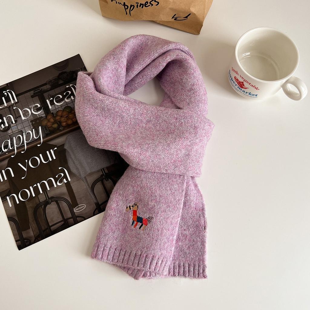 Autumn Knitted Pony Cute Wool Scarf for Women Thickened and Warm Korean Style Scarf Versatile Pony Embroidered Small Scarf