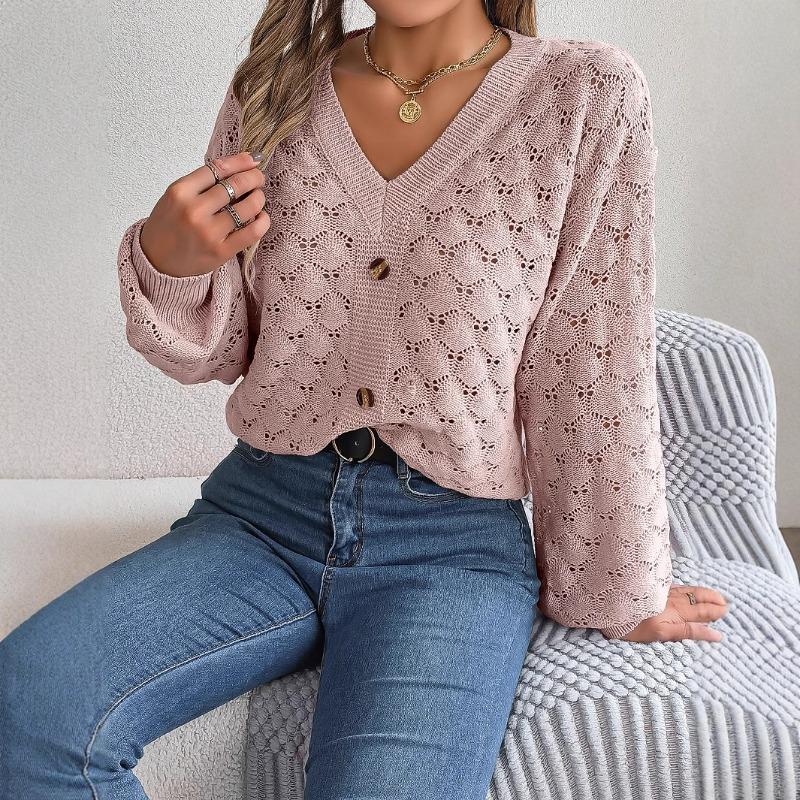 Autumn and winter casual V-neck button hollow lantern sleeve pullover sweater, elegant casual gray temperament ladies long-sleeved knitted sweater