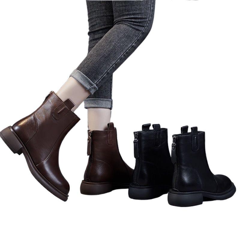 Soft Leather Thin Boots Women's 2025 New Flat-bottomed Rear Zipper Spring and Autumn Single Boots Autumn and Winter Velvet Martin Boots Cotton Shoes
