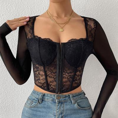 Top Corset Sexy en Dentelle et Maille Transparente avec Col en V et Design à Baleines pour Femmes
