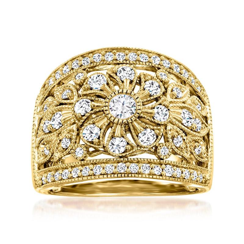 Gorgeous Golden Color Wide Flower Hollow Out Band Rings Female Finger Rings For Party Luxury Synthetic Cubic Zirconia Jewelry