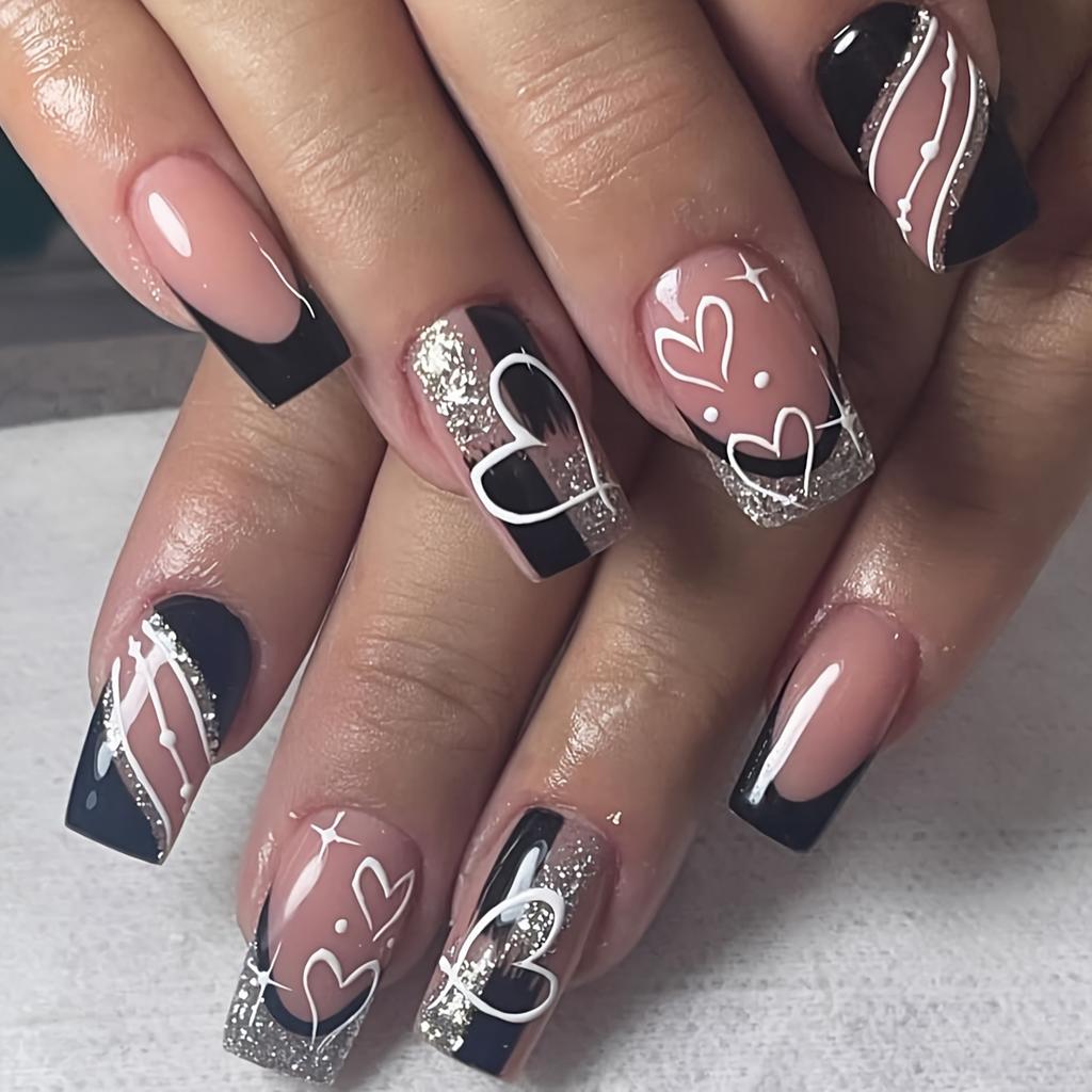 24pcs Square Nail Art Press On Fake Nail French Glitter False Nail Detachable Love Design Valentine’s Day Nail Tips