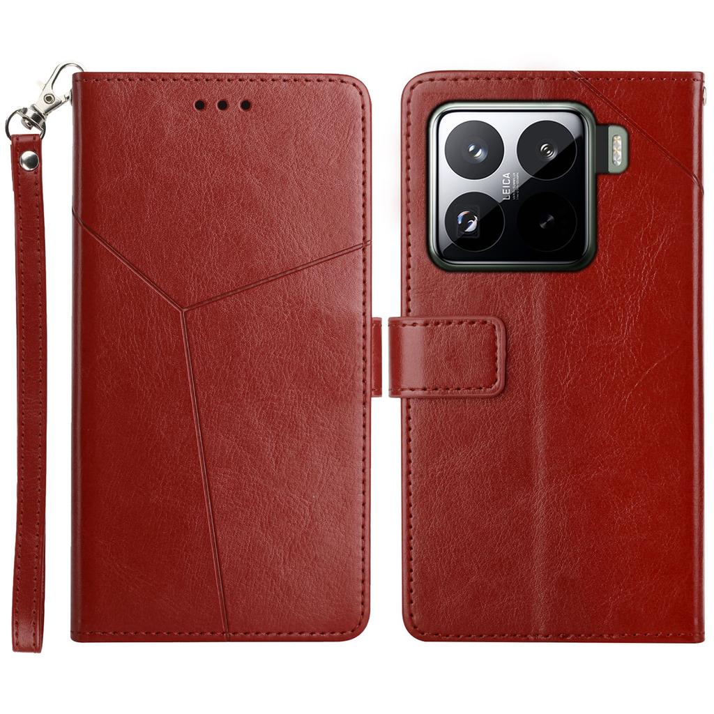 For Xiaomi 15 Pro Case with Wrist Strap Y Shaped Lines Imprint Leather Phone Cover