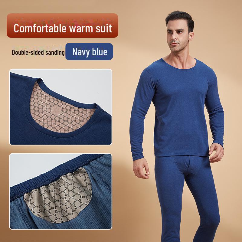 "Men's Black & Gold Patch Thermal Set: Velvet-Lined Autumn/Winter Underwear"