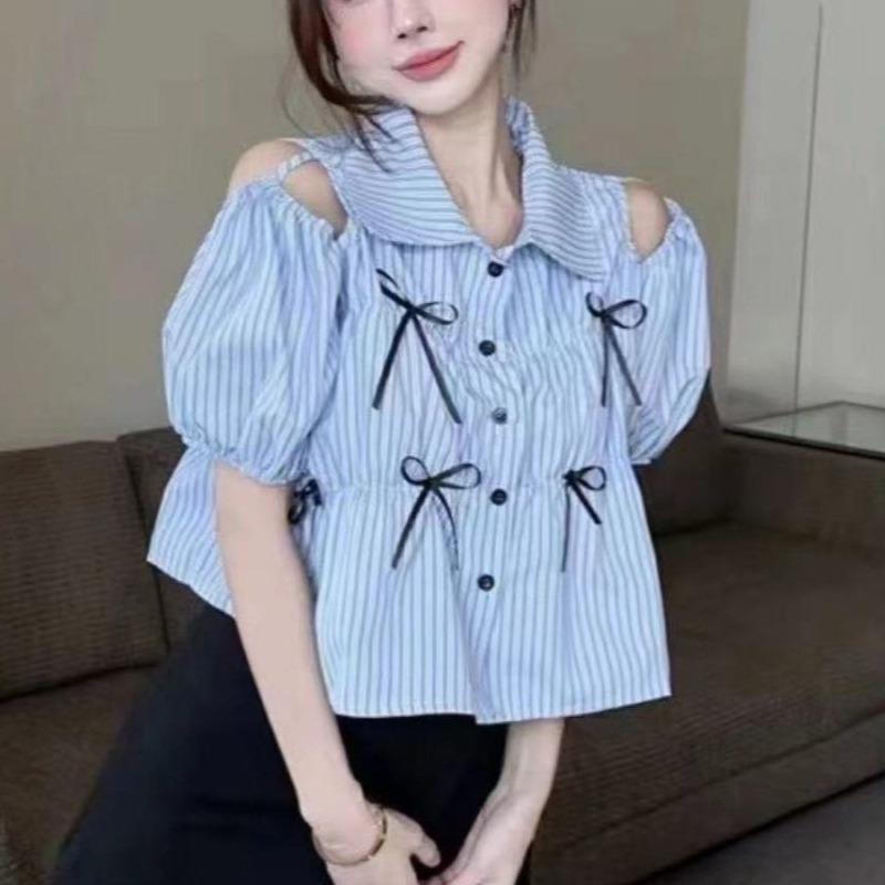 Ladies' Off Shoulder Shirt Turndown Collar Bubble Sleeve Bow Design Famale Button Up Stripe Shirts Fashionable Comfortable Women's Top
