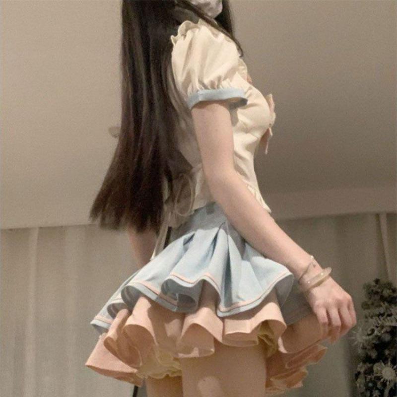 Women's Spring Two-Piece Set: Sailor Collar Blouse with Ruffle Bow & High Waist Puffy Skirt