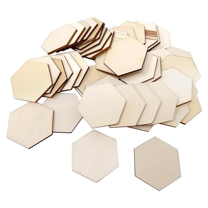 100pcs 5cm Unfinished Blank Hexagon Wood Pieces Slices Chips Embellishments for DIY Crafts, Home Decoration, Board Games