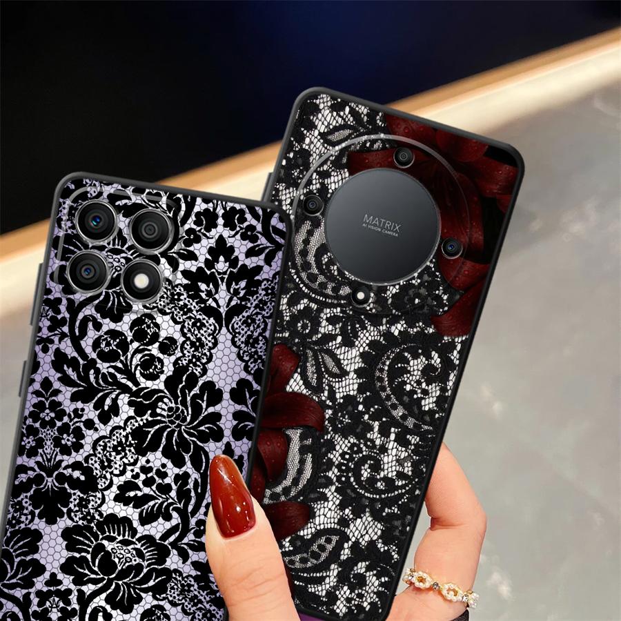 Custodia Cover per Telefono per Honor 8X X9a X5b X7 70 90 X8 200 400 Lite X6 Magic5Lite Fiori di Pizzo Nero