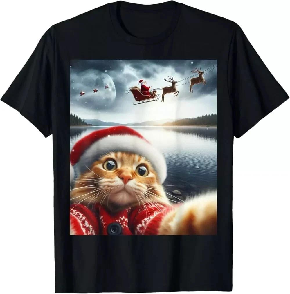 Funny Christmas Cat With Santa Cat Selfie with Santa T-Shirt Unisex Top Tee S