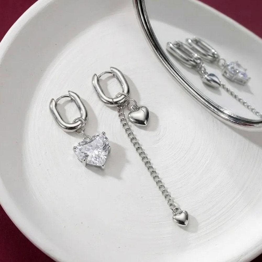 Titanium Steel Asymmetrical Heart Zircon Long Tassel Dangle Earrings Minimal Elegant Fashion Women Daily Party Jewelry Gift