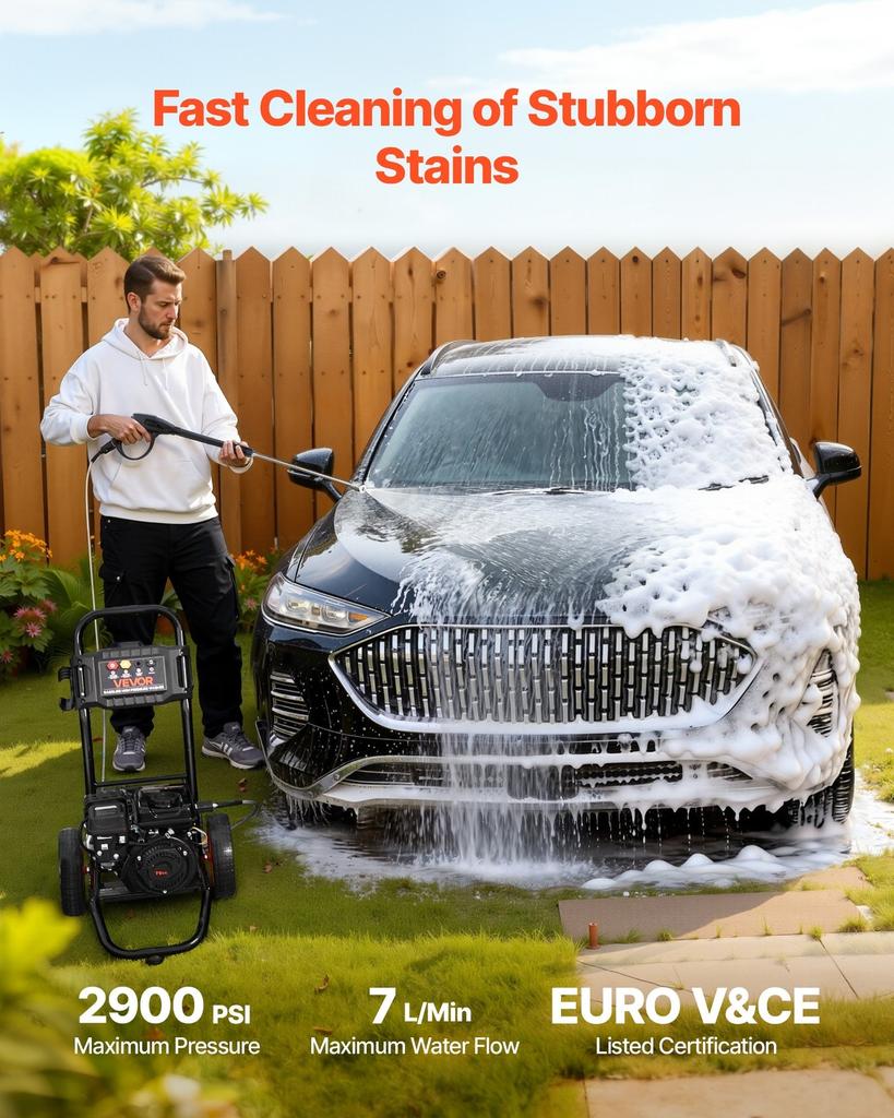 Gas Pressure Washer 2900 PSI and Max 7 L/min, Upgrade Aluminum Pump with Spray Gun and Wand, 4 Nozzle Set, Gas Powered Pressure Washer for Cars,