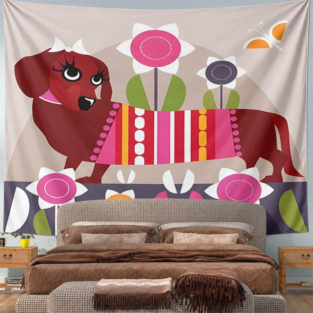 Stylish Dachshund with Floral Design Pattern Wall Hanging Tapestry Decorative Tapestry Home Decor for Bedroom and Living Room