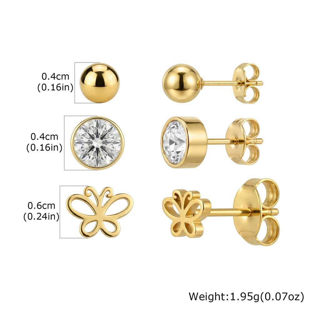 3 Paar Set Ohrstecker Edelstahl Herz Stern Schmetterling Mond Kirsch Klee Zirkonia Piercing Schmuck für Damen Anlaufgeschützt