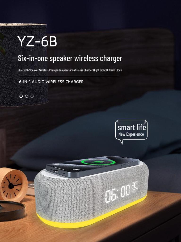 Multifunktionaler Bluetooth-Lautsprecher mit Wecker, kabellosem Ladegerät & Nachtlicht
