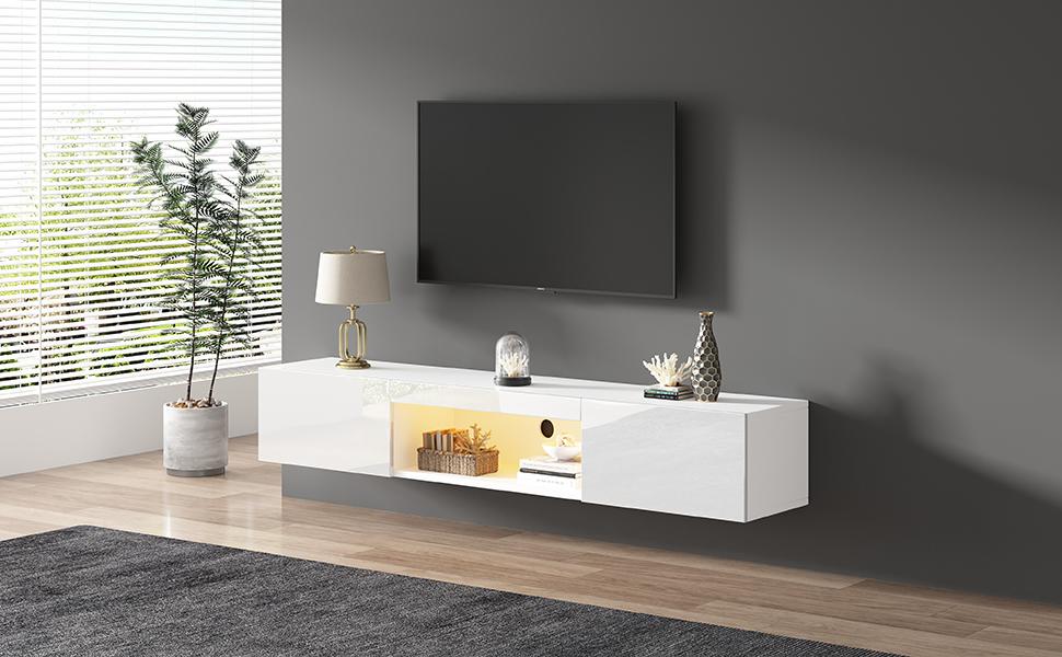 Mobile da Parete Bianco Lucido 160*31*22cm per TV da 70 Pollici, Capacità di Carico 30kg, con Illuminazione LED, Controllo App Bluetooth, Supporto TV da Parete