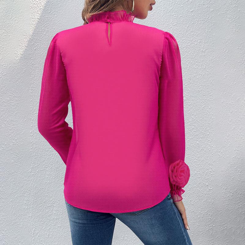 Versatile Women's Floral Chiffon Puff Sleeve Top - Long Sleeve French Style, Rose Solid Color, Age-Reducing Design