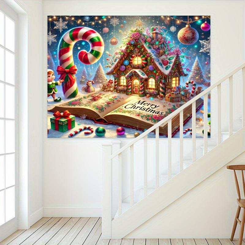 Charming gingerbread house Christmas background with candy canes and trees - polyester fiber photography background festive