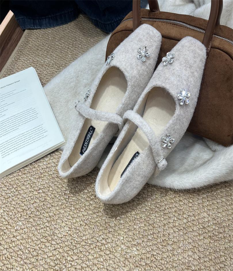 

~ French rhinestone flower bag head half slippers women s outer wear inner height increase square head temperament Mary Jane single shoes 39