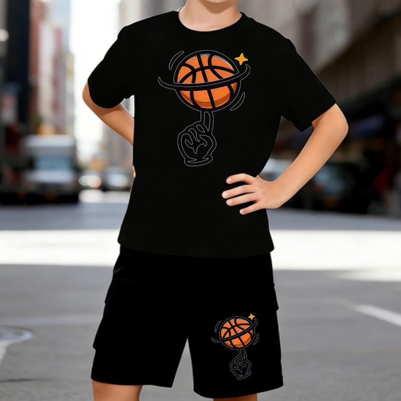 Boys 2 Piece Mountain Biking Print Outfit, Short Sleeve T-Shirt and Shorts Set for Kids Age 5-14,Black and White Sporty Casual Summer Clothes