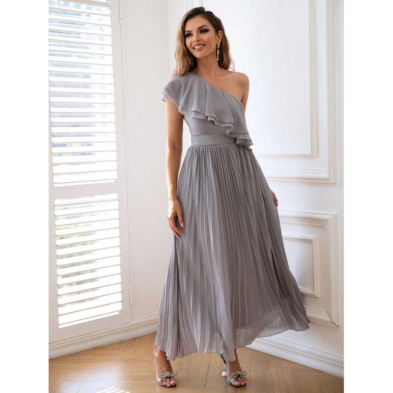 

Bridesmaid Wedding Dress Women Oblique Collar Gray One Shoulder Evening dress Bridesmaid Wedding Long dress Grey XL