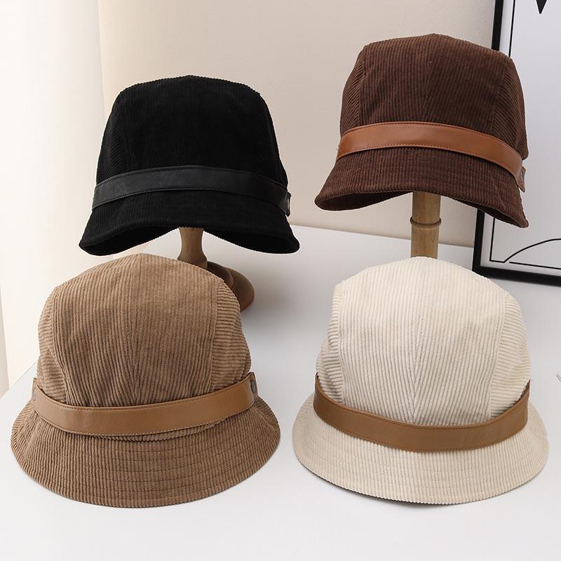 Corduroy Bucket Hat Women's New Autumn and Winter Retro Versatile Big Head Circumference Beret Showing Washbasin Hat