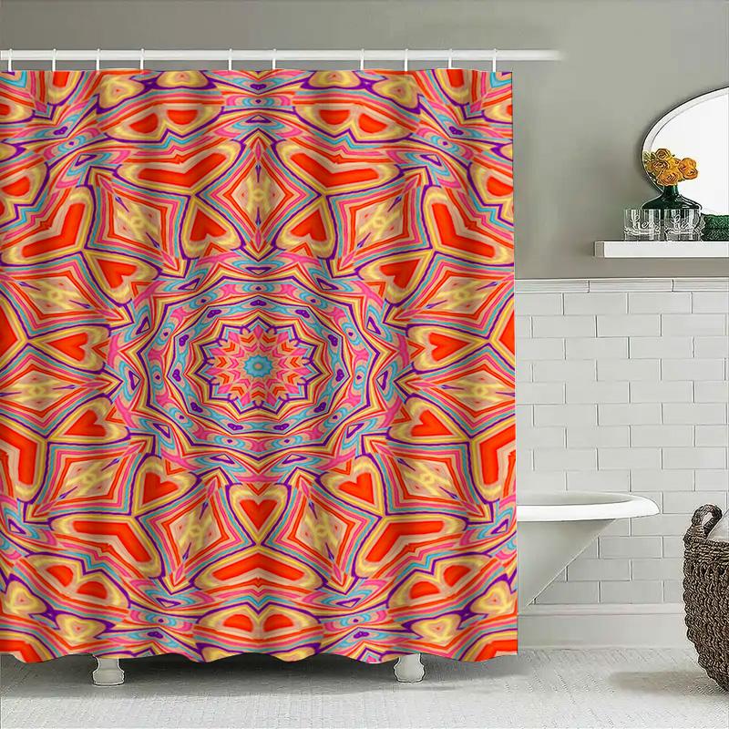 Vibrant Mandala Shower Curtain Bathroom Decor With Heart Patterns In Orange And Blue Colors, Polyester Waterproof Fabric For Hom