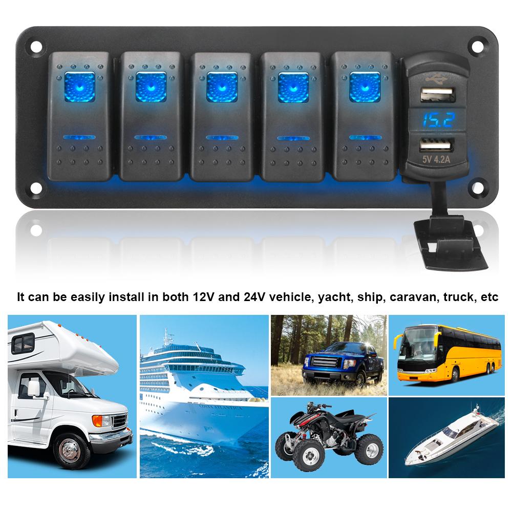 Waterproof for Marine Car Truck Digital Voltage Display 4.2A Outlet Combination 5 Gang Rocker Switch Panel Dual USB Port