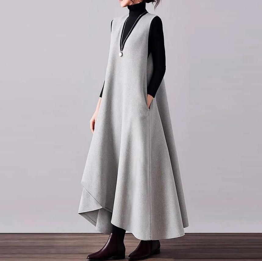 

2025 A/W Japanese V-Neck Wool Spaghetti Strap Dress Large сірий колір