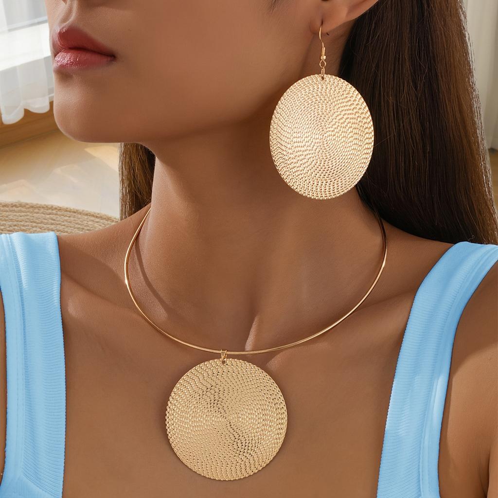 Oversized Round Disc Pendant Necklace and Large Circular Hoop Earrings Set Lightweight Textured Metal Jewelry for Women