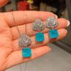 Wind Imitation Paraiba Ring Necklace Stud Earrings Jewelry Set Flower-Shaped Creative Full Diamond Luxury Set 10 * 10