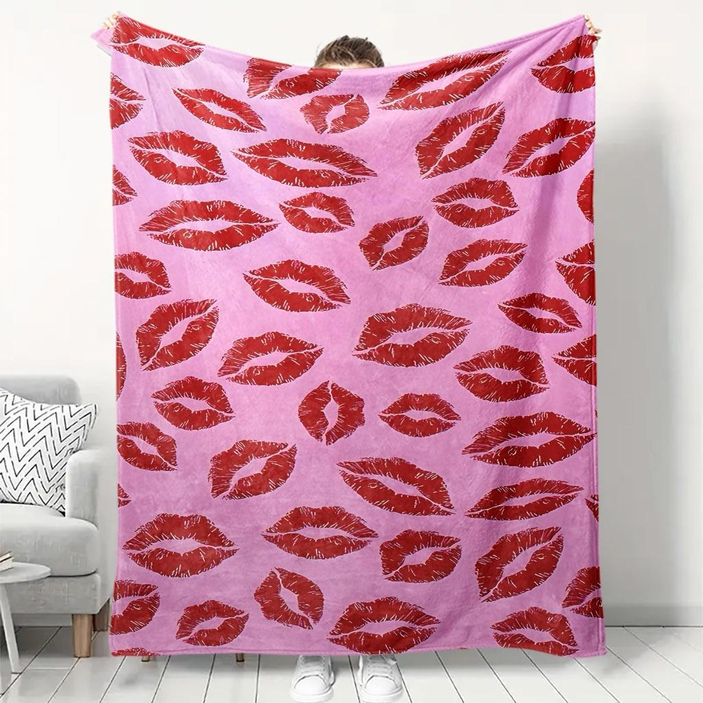 Pink Background Red Lip Print Kiss Mark Seamless Flannel Throw Blanket, Soft Warm Sofa Cover, Romantic Valentines Bedroom Decor