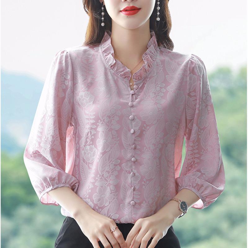Women's Satin Three-Quarter Sleeve Ruffled V-Neck Top - French Style, Spring Collection, Flattering Fit