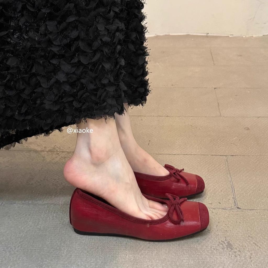 Inner height increase French retro flat ballet shoes 2025 shallow mouth gentle evening soft sole red single shoes Doudou shoes