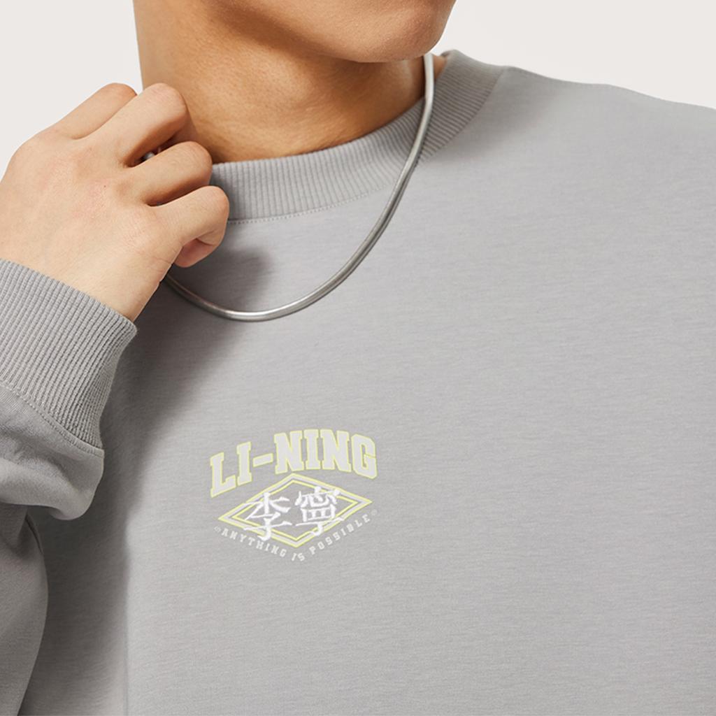 Li Ning Comfortable Casual Crew Neck Pullover Sweatshirt Men Sweatshirt Moon-Surface-Gray AWDU609-2