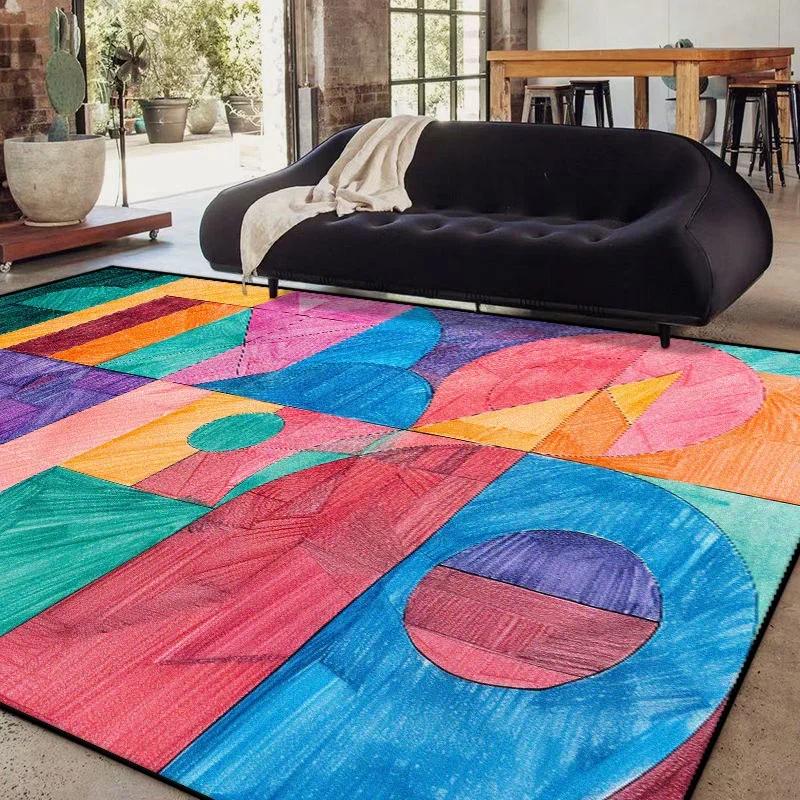 Modern Geometric Abstract Rug Non-Slip Carpet for Living Room Sofa Side Bedroom Washable Easy-Clean Home Decor Floor Mat