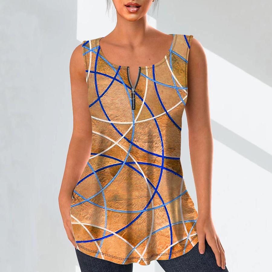 Damenmode V-Ausschnitt Shirts Casual Tops T-Shirt Damen 3D Golden Line Print Weste Übergröße Ärmellose Bluse Tanktops