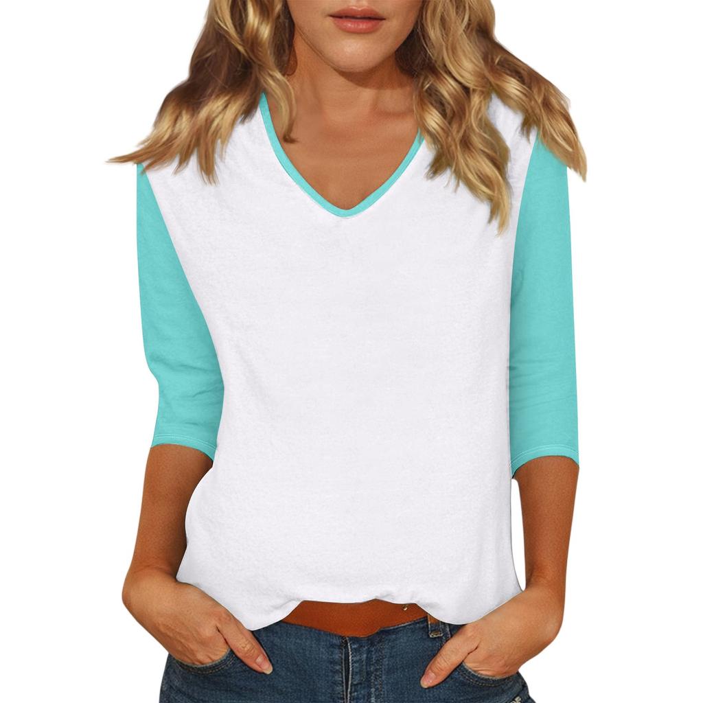 Women's Casual Fashion Sexy Comfortable V-neck Stitching Color Three-quarter Sleeve Top