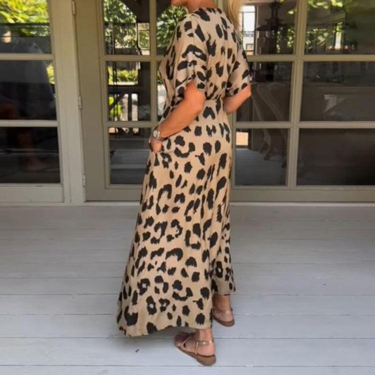 Leopard Print Women Maxi Dress V Neck Single Breasted Contrast Color Pockets Tight Waist Loose Ankle Length Soft Split Hem Lady Dress
