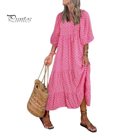 Damen Herbstkleid Puffärmel V-Ausschnitt Bedruckt A-Linie Locker Knöchellang Patchwork Böhmisches Strand Maxikleid Alltagskleidung Langes Kleid