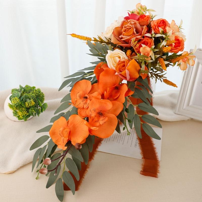Exquisite Waterdrop Design Autumn Orange Flower Handheld Artificial Bouquet for Home Decoration and Events