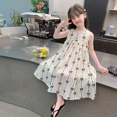 Letní bavlněné stylové dívčí šaty bez rukávů s kapsou Dětské bílé šaty Sladký outfit Princeznovské šaty pro dívky