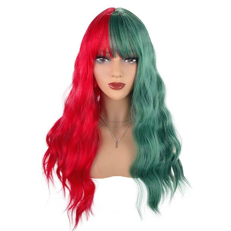 Synthetic Long Wavy Half Red Half Blue-Green Wigs with Bangs for Women Natural Curly Wig for Christmas Cosplay Party