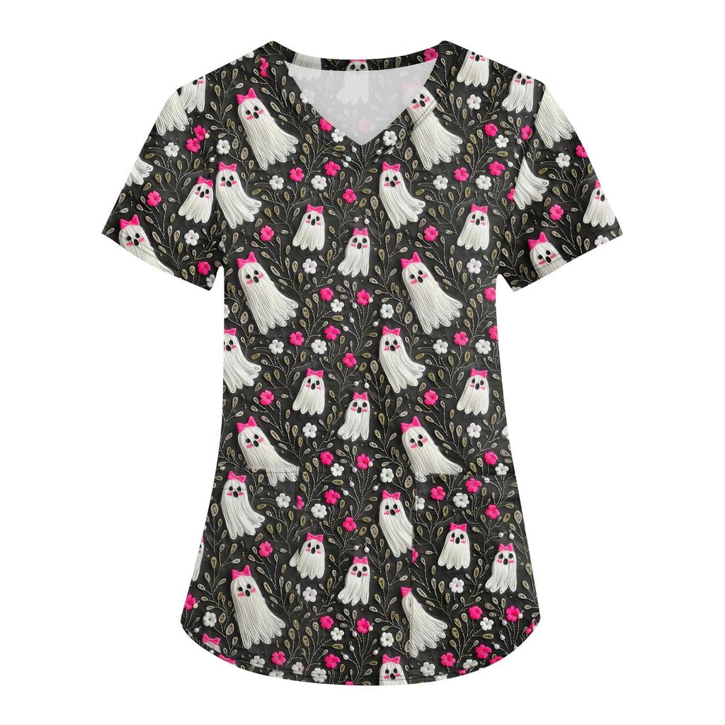 Damen Halloween Print Uniform Arbeitsuniform V-Ausschnitt Tasche Schutz Arbeitsuniform