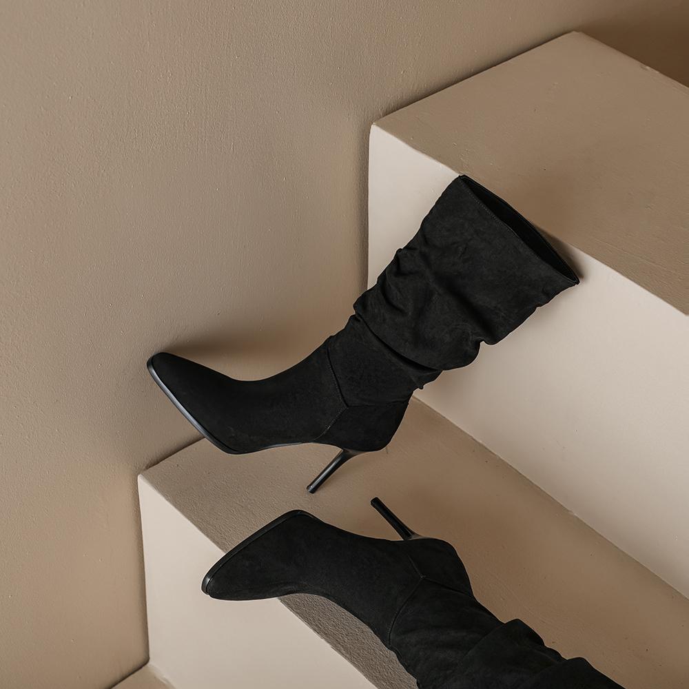 Apricot Black Women Mid Calf Boots High Stiletto Heel Big Size 48