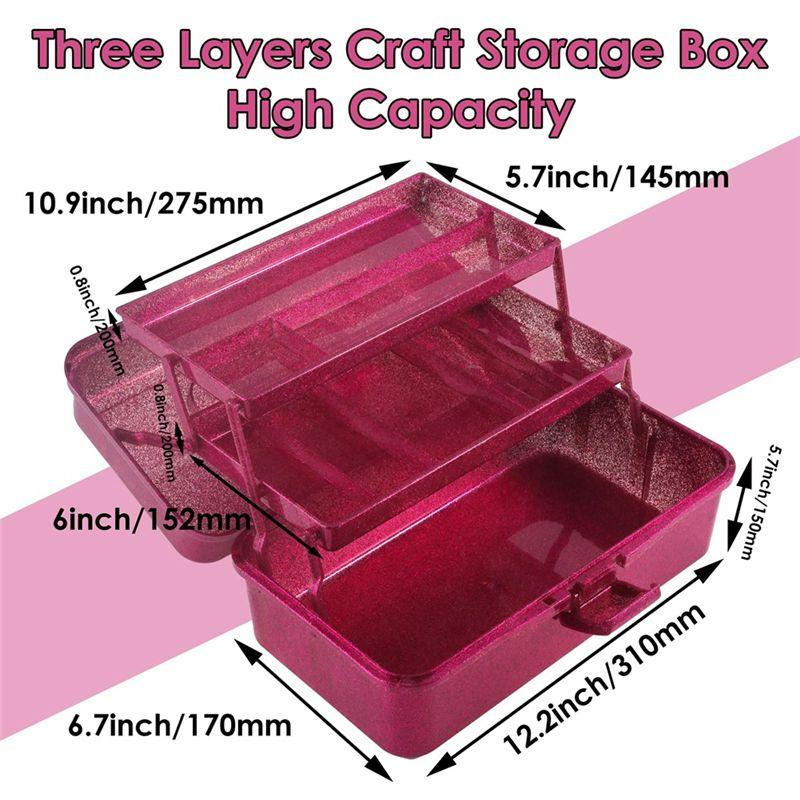 Fresh Glitter Pink & Craft Tool Storage Box,3-Layer Stackable Carry Tackle Box Sewing Box Organizer For Art