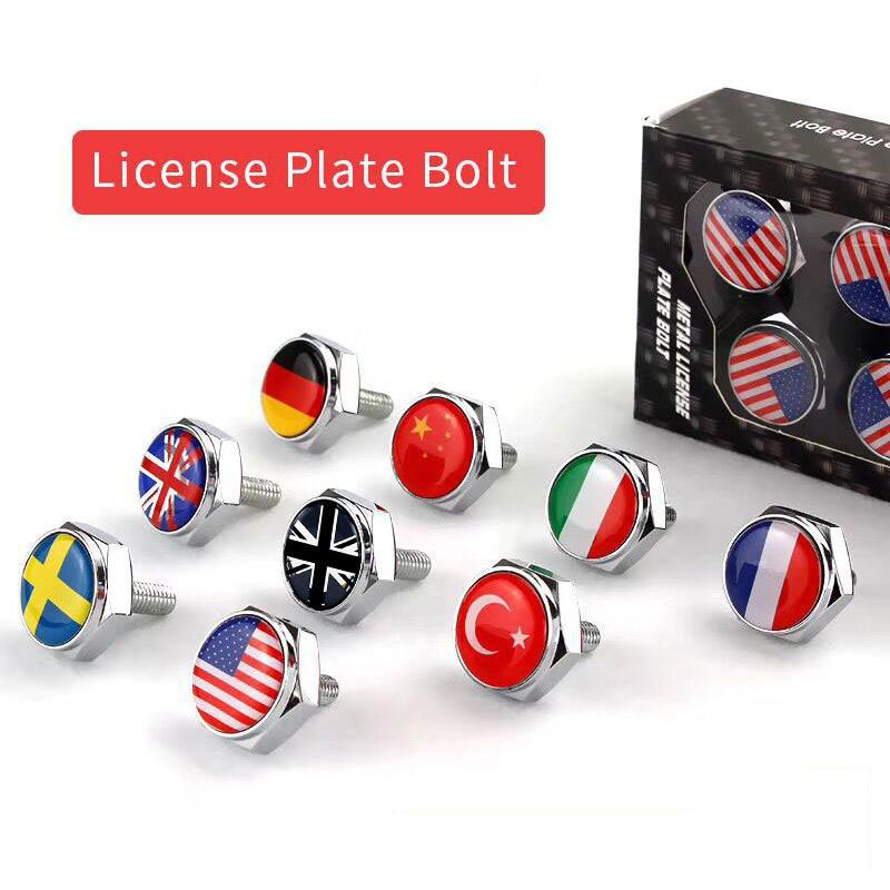 4pcs/set USA Italy Germany Sweden Flag Metal Screws License Plate Bolts Accessories