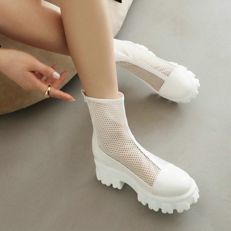 Women Ankle Boots Platform Chunky Heels Ladies Mesh Net Short Boots